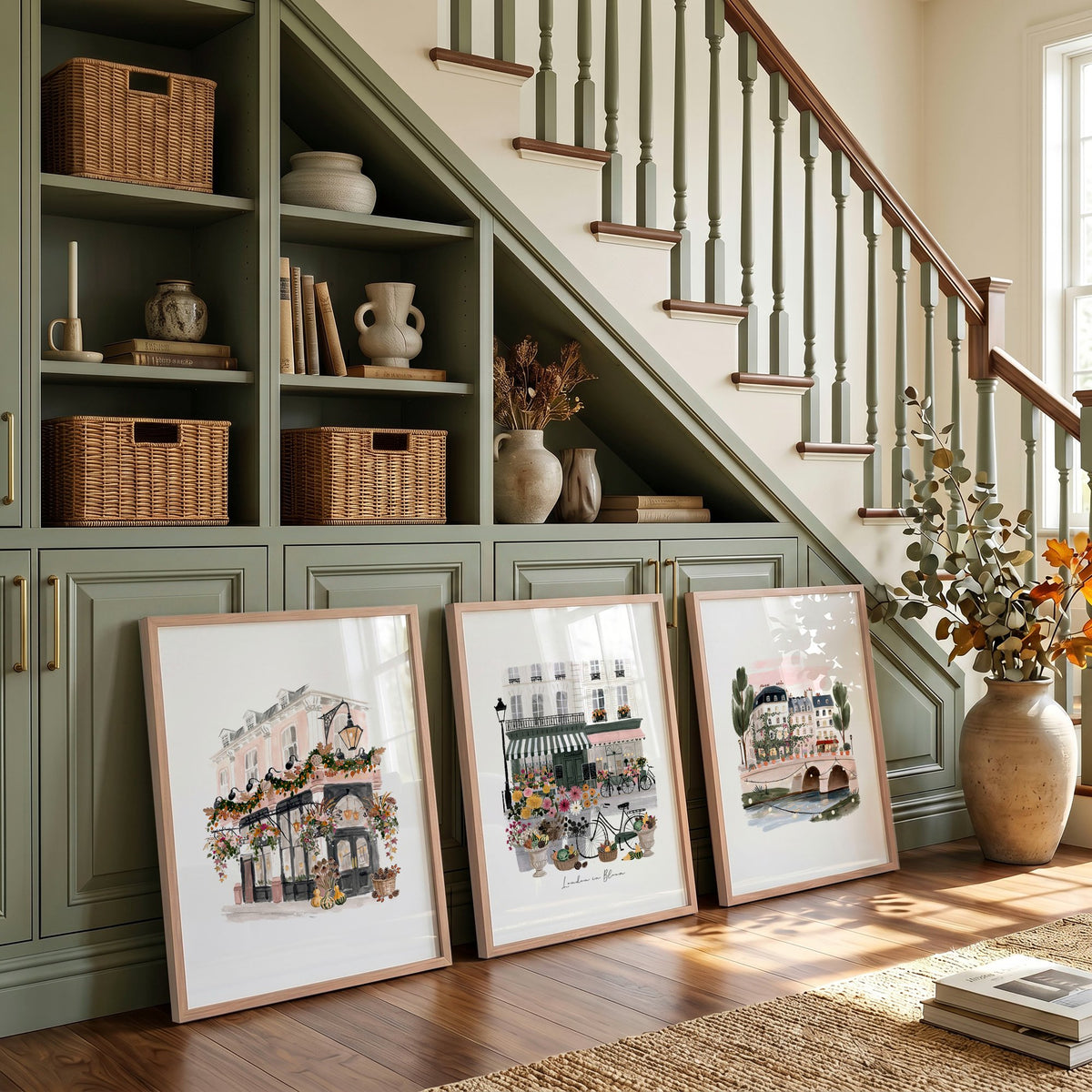 Poster Art London "London in Bloom" Floral City Scene wall art displayed on a wall in a styled room