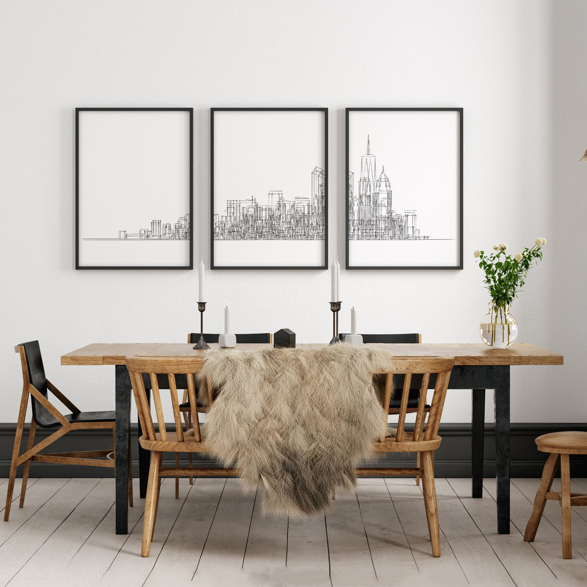 Posters Black and White New York Skyline Line Art Skyscraper wall art displayed on a wall in a styled room — view 2