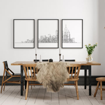 Posters Black and White New York Skyline Line Art Skyscraper wall art displayed on a wall in a styled room — view 2