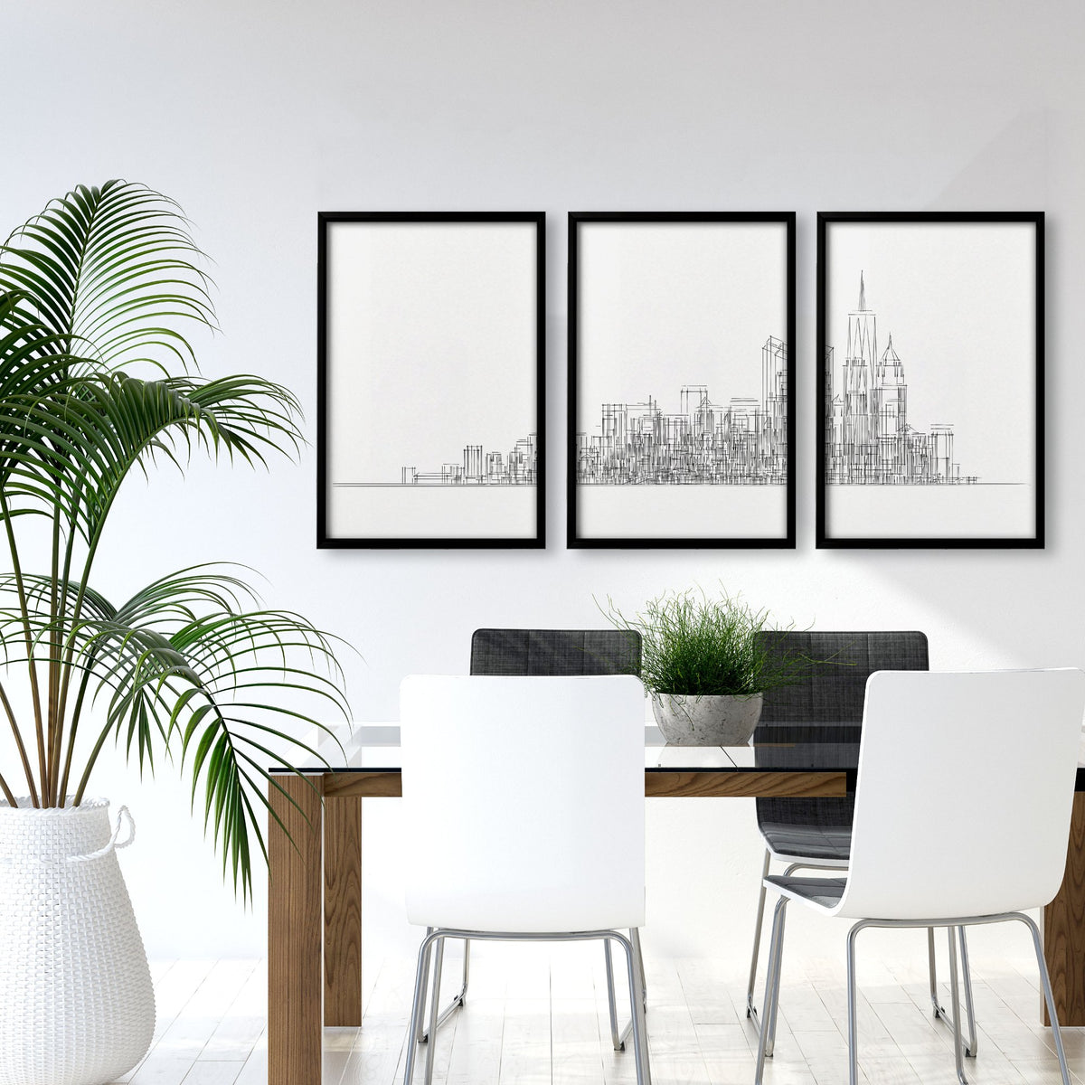 Posters Black and White New York Skyline Line Art Skyscraper wall art displayed on a wall in a styled room — view 3