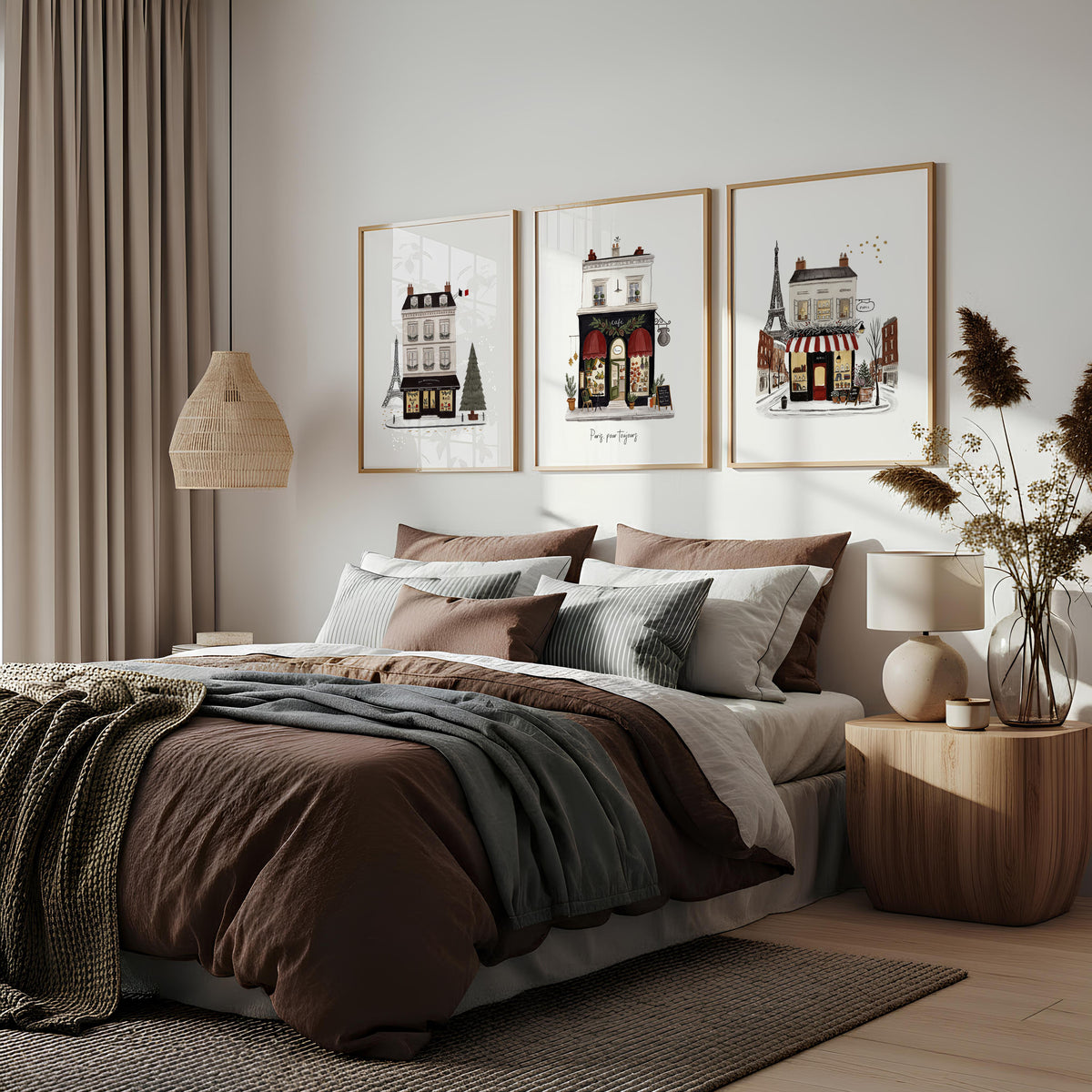 Posters for Bedroom Paris Boutique Street Scenes "Paris, Pour Toujours" displayed on a wall in a styled room — view 2