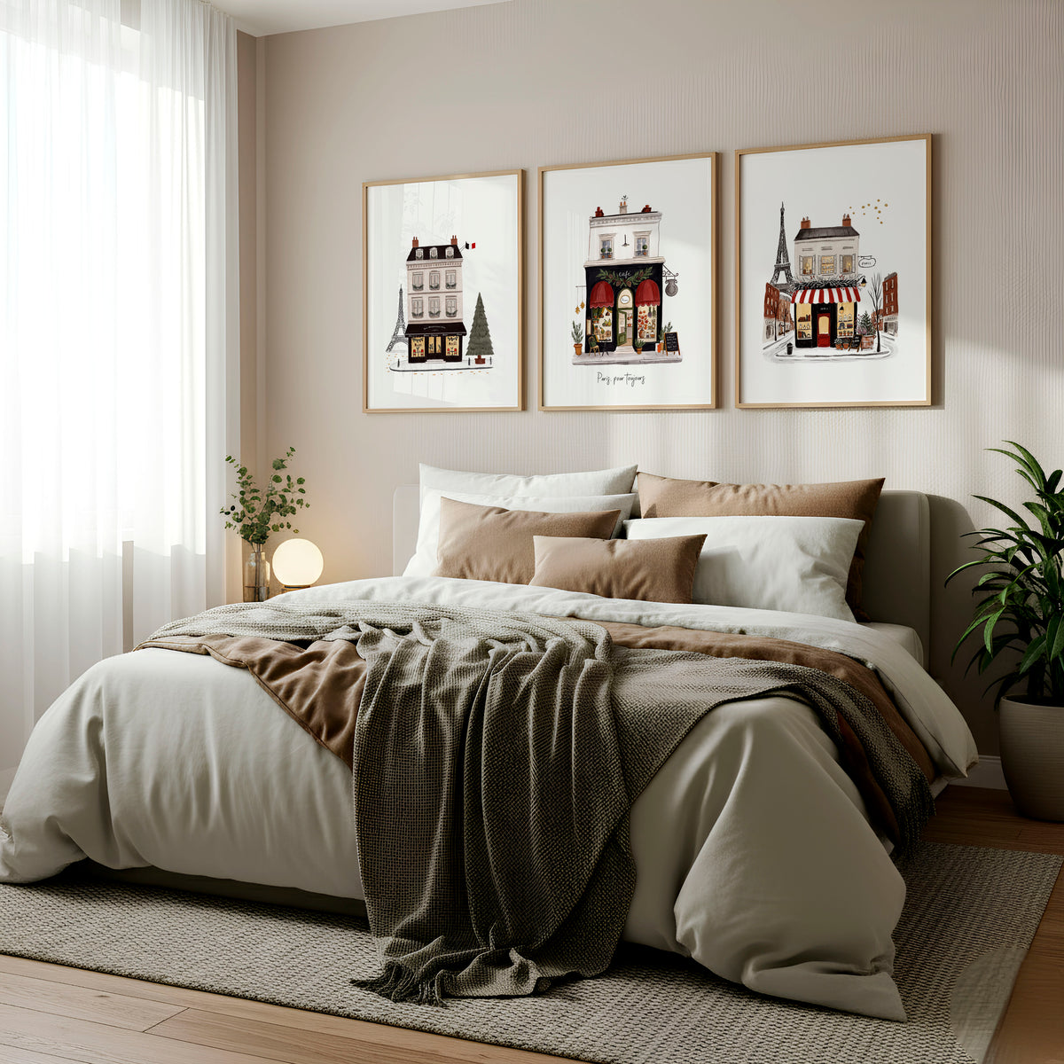 Posters for Bedroom Paris Boutique Street Scenes "Paris, Pour Toujours" displayed on a wall in a styled room — view 3