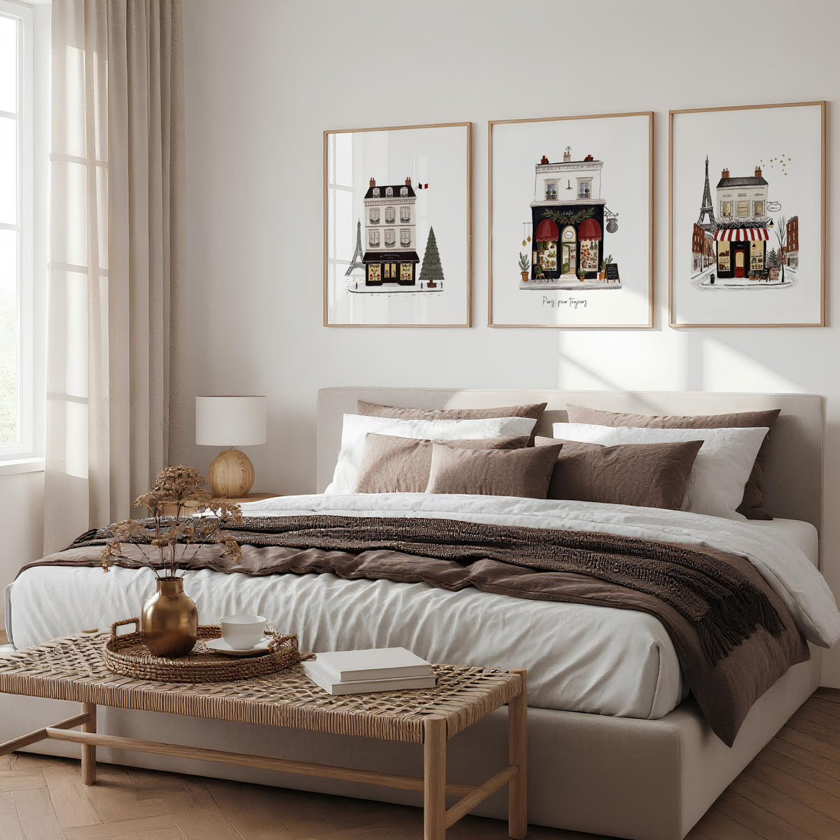 Posters for Bedroom Paris Boutique Street Scenes "Paris, Pour Toujours" displayed on a wall in a styled room — view 4