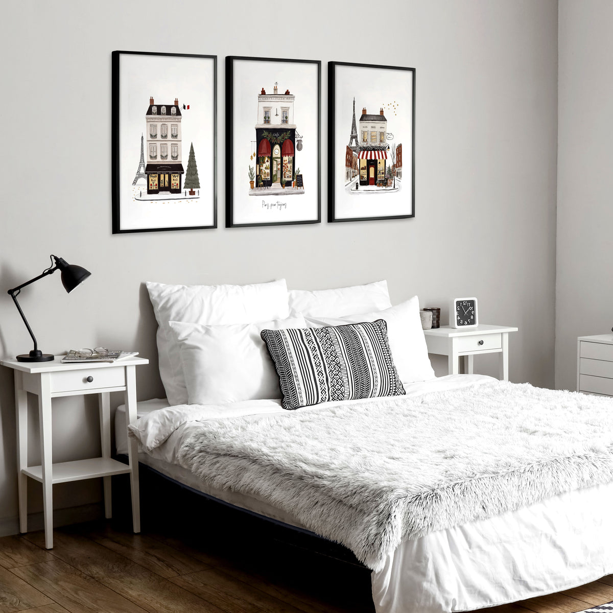 Posters for Bedroom Paris Boutique Street Scenes "Paris, Pour Toujours" displayed on a wall in a styled room — view 8