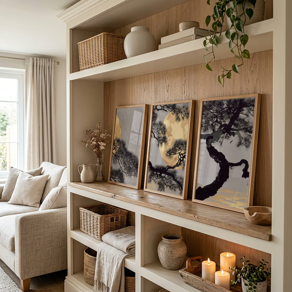 Posters of Japan Japanese Pine Tree & Moon wall art displayed on a wall in a styled room — view 3