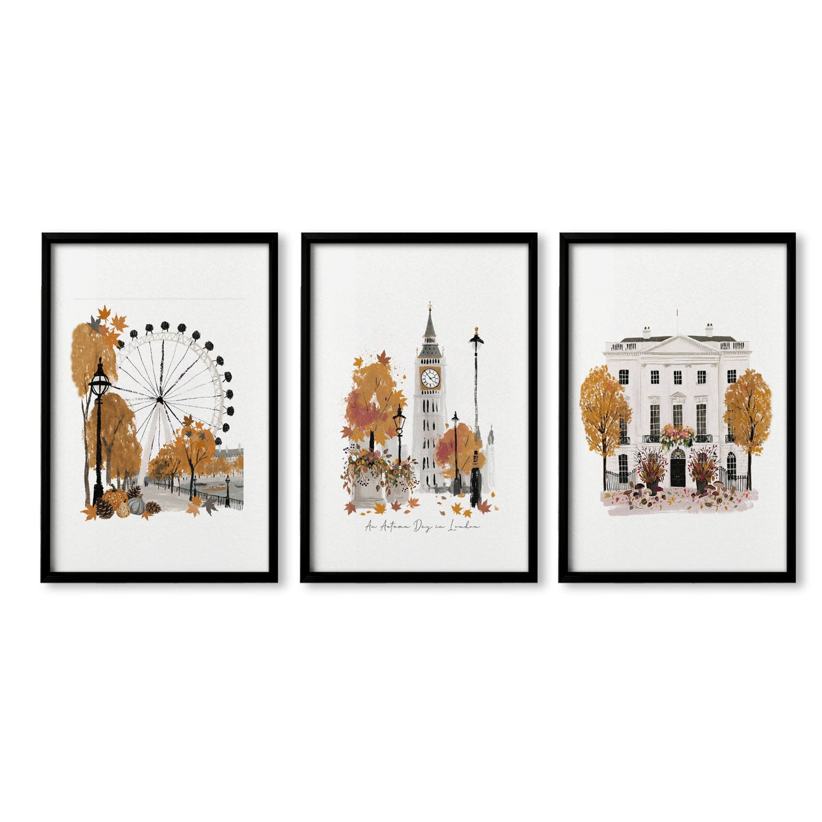 Posters of London England | "An Autumn Day in London" Big Ben & London Eye Wall Art Prints | Set of 3
