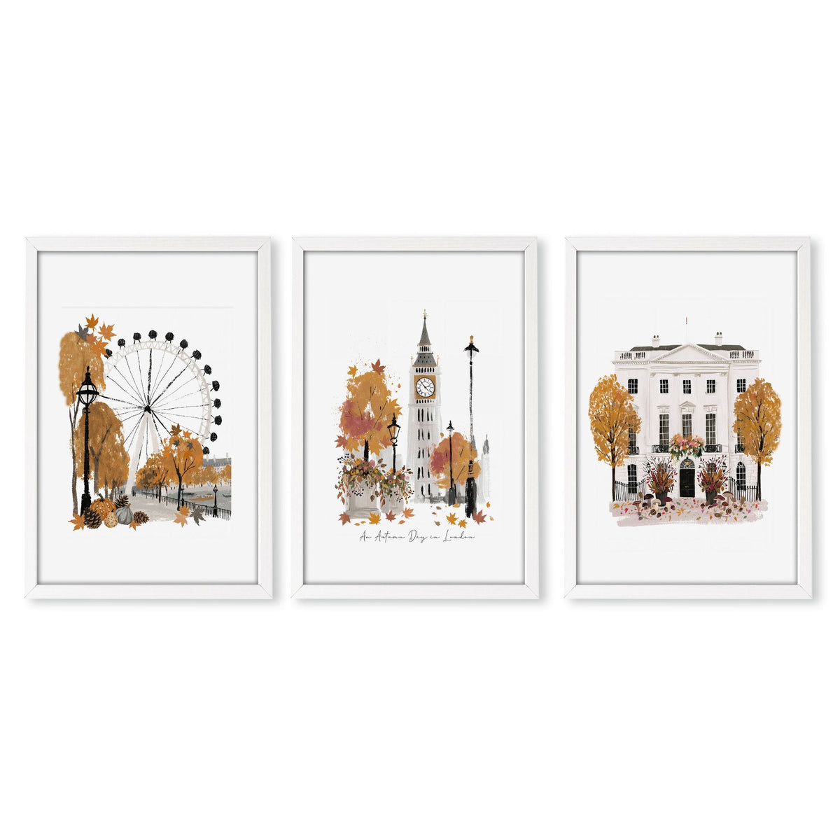 Posters of London England | "An Autumn Day in London" Big Ben & London Eye Wall Art Prints | Set of 3