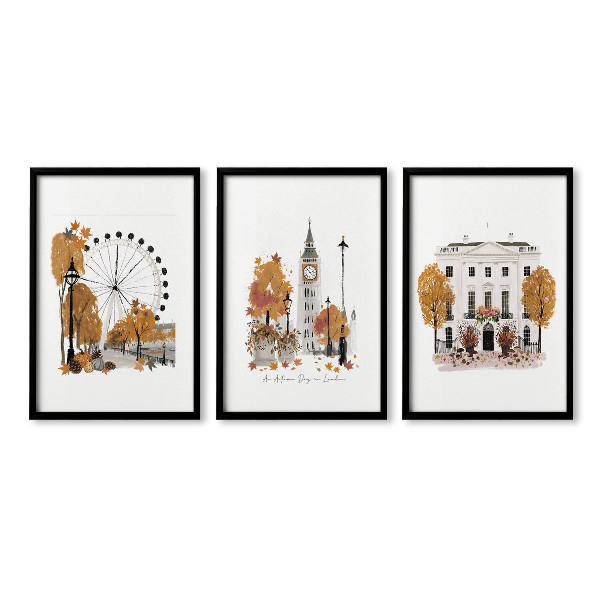 Posters of London England | "An Autumn Day in London" Big Ben & London Eye wall art in a black frame