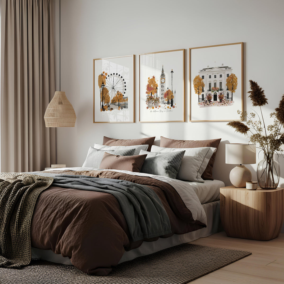 Posters of London England | "An Autumn Day in London" Big Ben & London Eye wall art displayed on a wall in a styled room — view 2