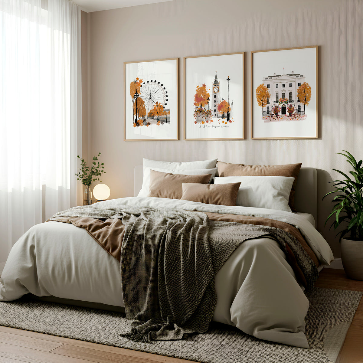 Posters of London England | "An Autumn Day in London" Big Ben & London Eye wall art displayed on a wall in a styled room — view 3