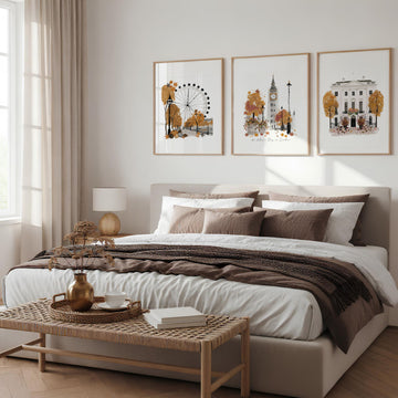 Posters of London England | "An Autumn Day in London" Big Ben & London Eye wall art displayed on a wall in a styled room — view 4