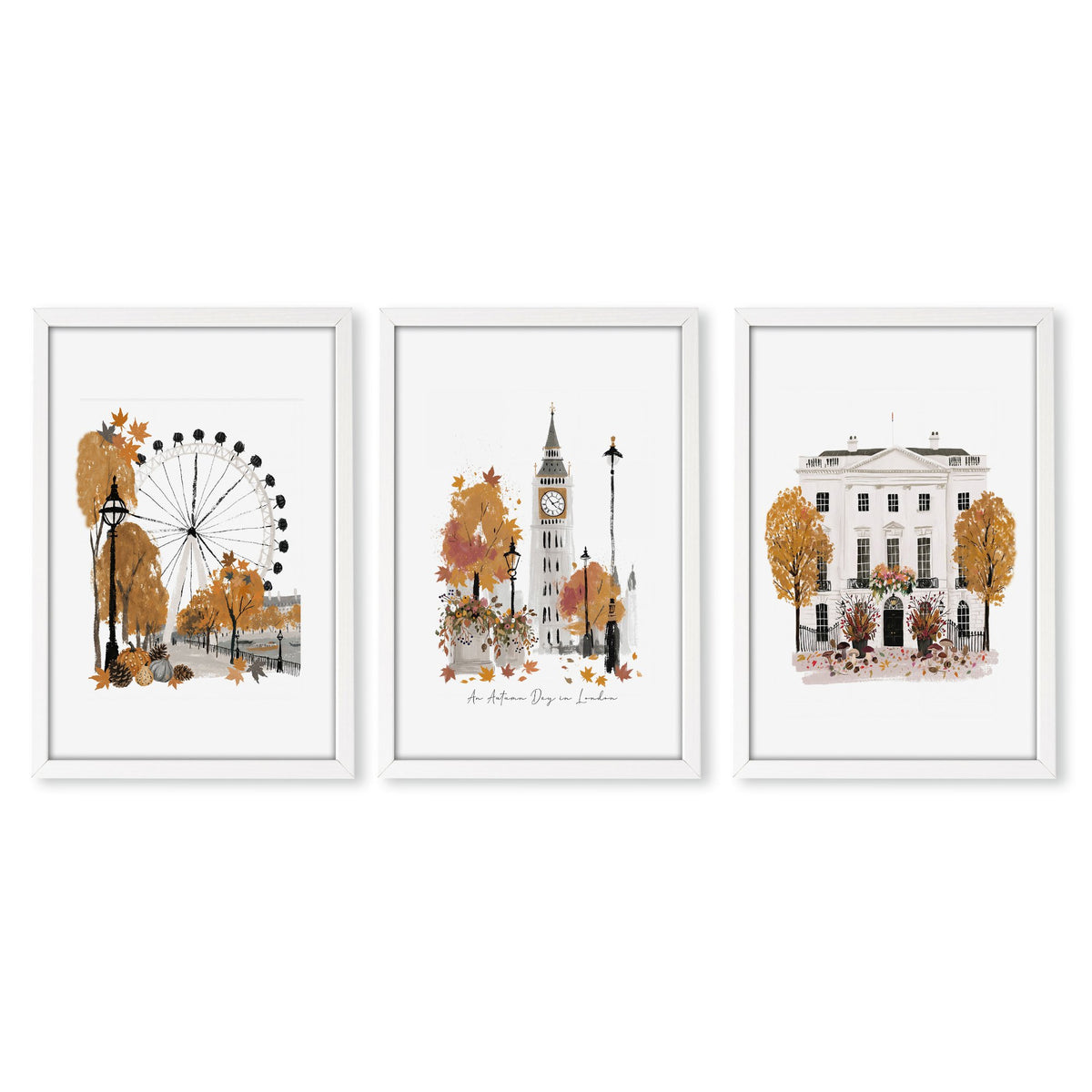 Posters of London England | "An Autumn Day in London" Big Ben & London Eye wall art in a white frame