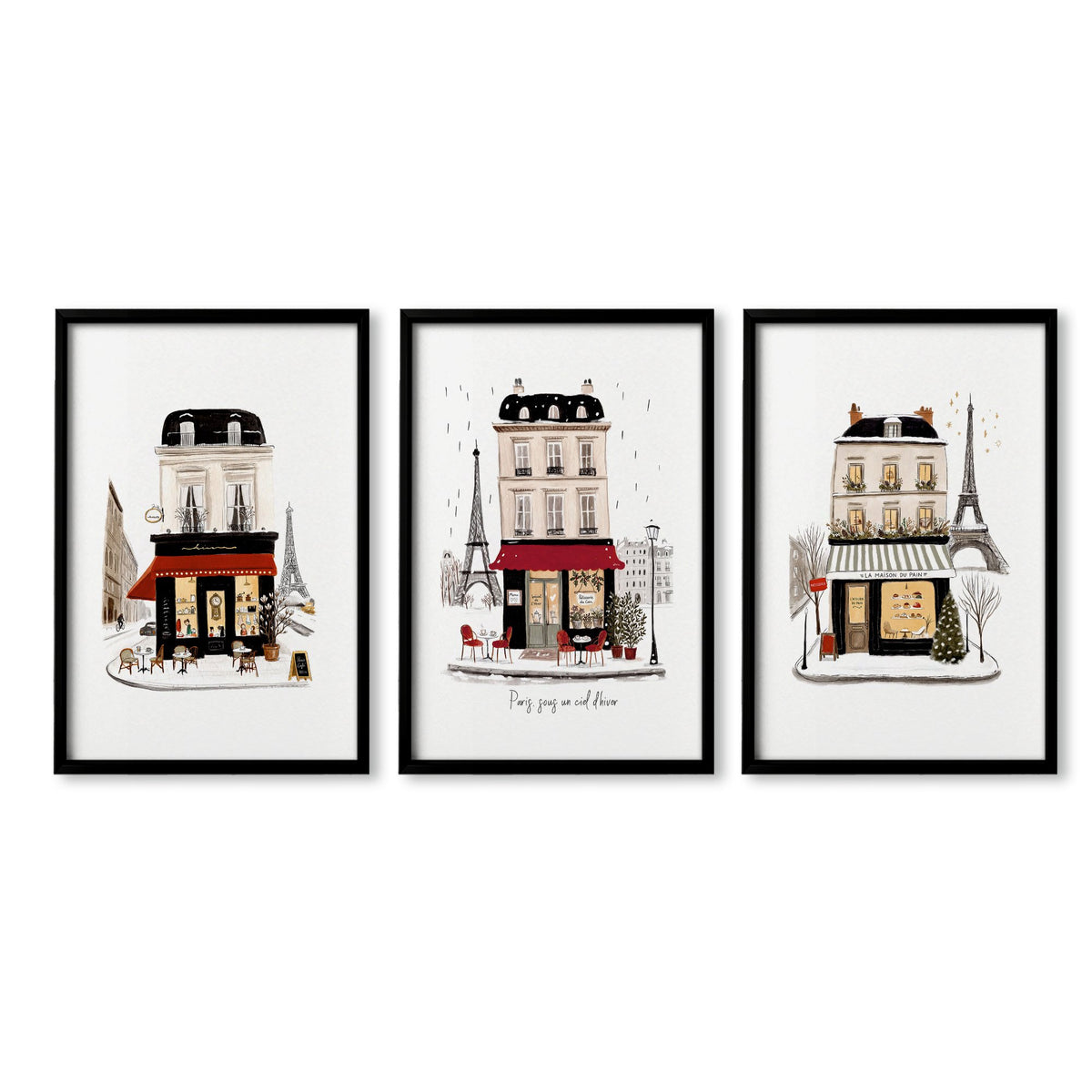 wall art for Bedroom Wall Parisian Street Scene White Beige Burgundy | "Paris sous un ciel d'hiver" & "La Maison du Pain" in a black frame