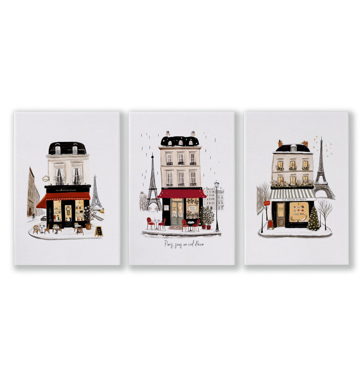 wall art for Bedroom Wall Parisian Street Scene White Beige Burgundy | "Paris sous un ciel d'hiver" & "La Maison du Pain" as a wrapped canvas