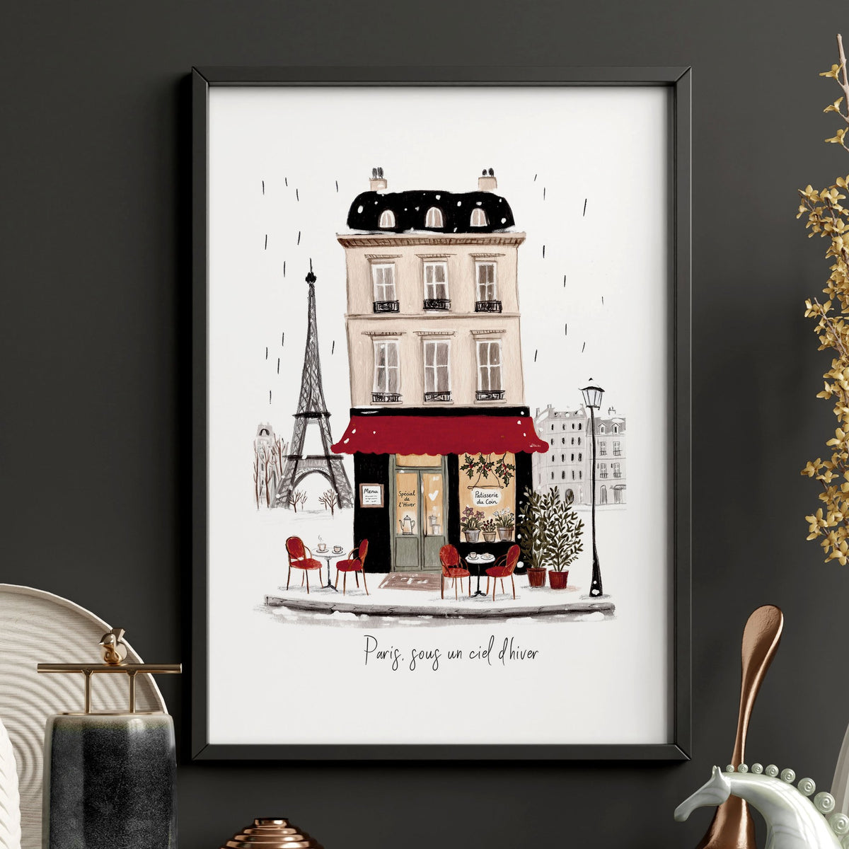 wall art for Bedroom Wall Parisian Street Scene White Beige Burgundy | "Paris sous un ciel d'hiver" & "La Maison du Pain" — piece 2 of 3 in the set