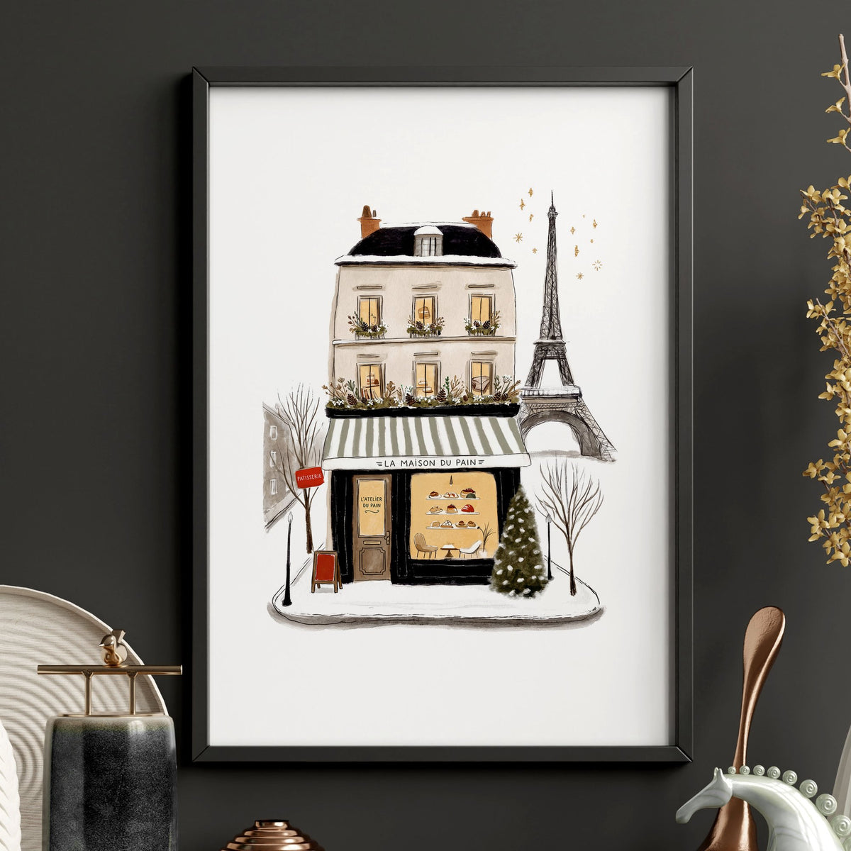 wall art for Bedroom Wall Parisian Street Scene White Beige Burgundy | "Paris sous un ciel d'hiver" & "La Maison du Pain" — piece 3 of 3 in the set
