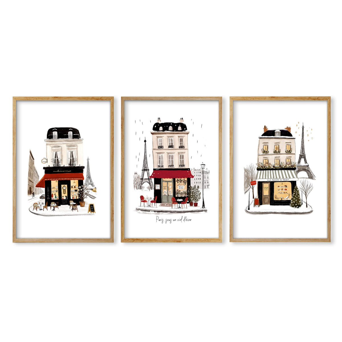 wall art for Bedroom Wall Parisian Street Scene White Beige Burgundy | "Paris sous un ciel d'hiver" & "La Maison du Pain" in an oak frame