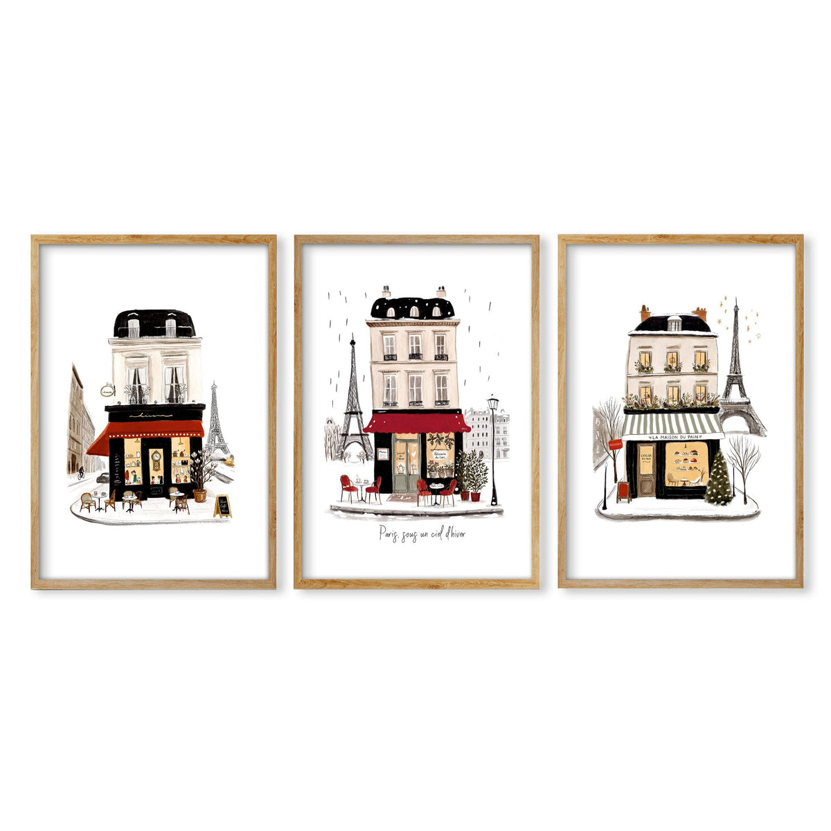 Prints for Bedroom Wall Parisian Street Scene White Beige Burgundy | "Paris sous un ciel d'hiver" & "La Maison du Pain" | Set of 3