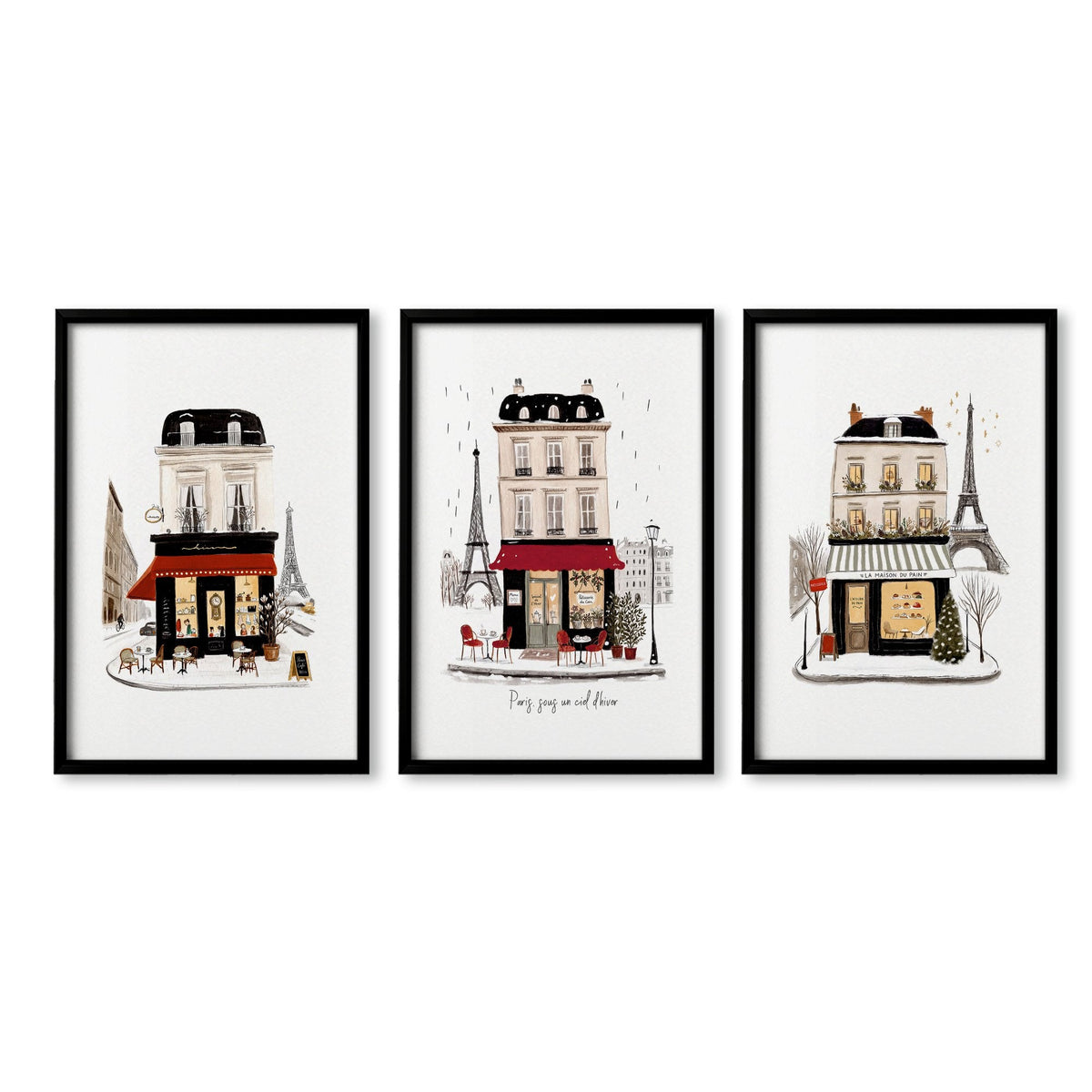 Prints for Bedroom Wall Parisian Street Scene White Beige Burgundy | "Paris sous un ciel d'hiver" & "La Maison du Pain" | Set of 3