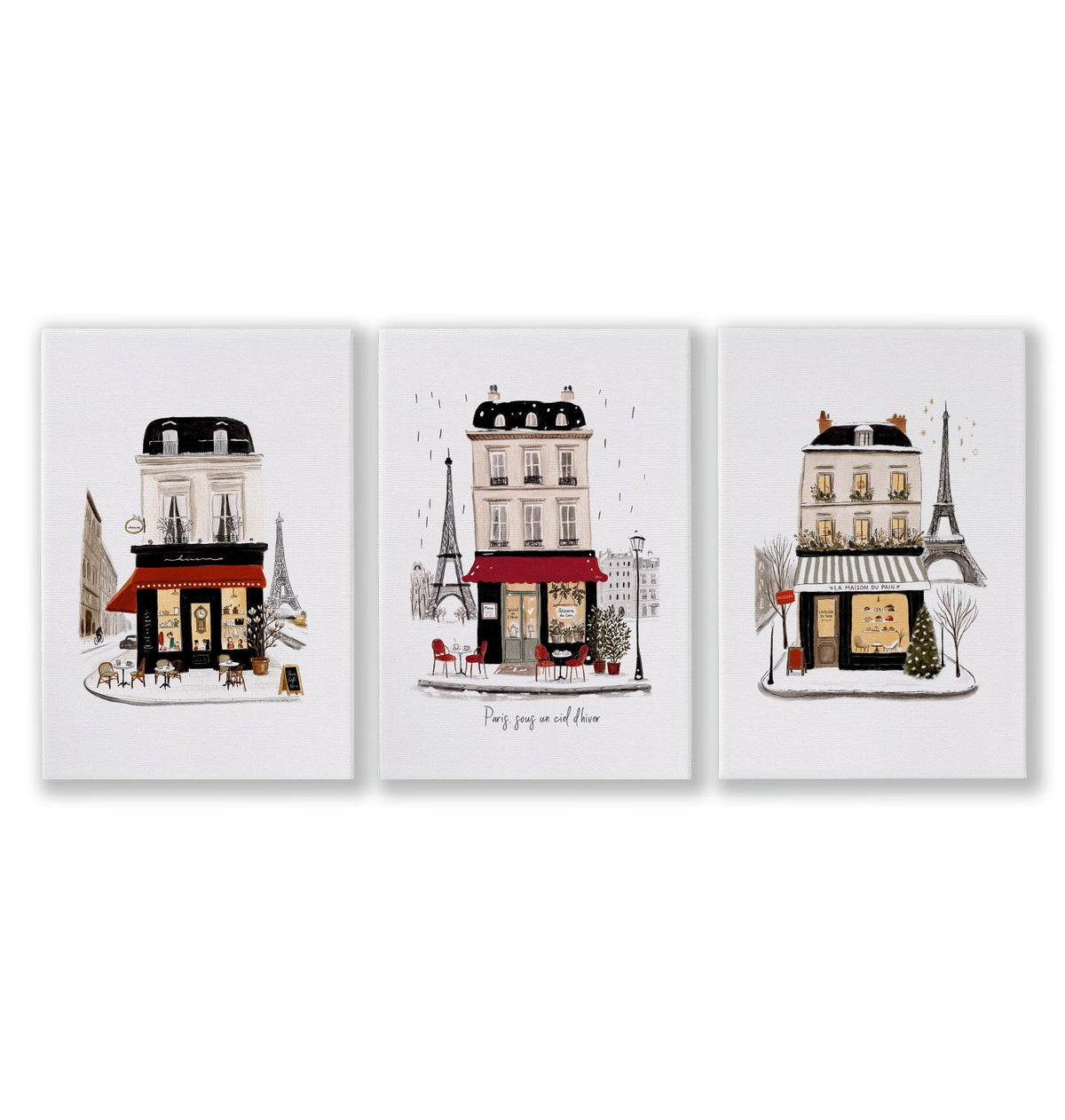 Prints for Bedroom Wall Parisian Street Scene White Beige Burgundy | "Paris sous un ciel d'hiver" & "La Maison du Pain" | Set of 3