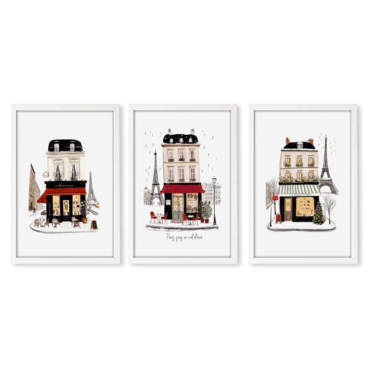 wall art for Bedroom Wall Parisian Street Scene White Beige Burgundy | "Paris sous un ciel d'hiver" & "La Maison du Pain" in a white frame
