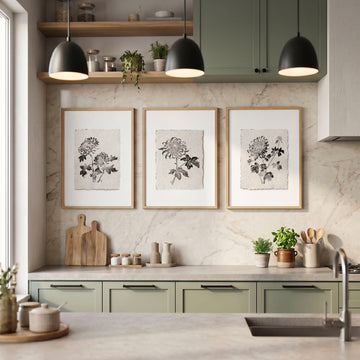 wall art for Kitchen French Country Botanical Chrysanthemum Black & Beige Wall Art displayed on a wall in a styled room