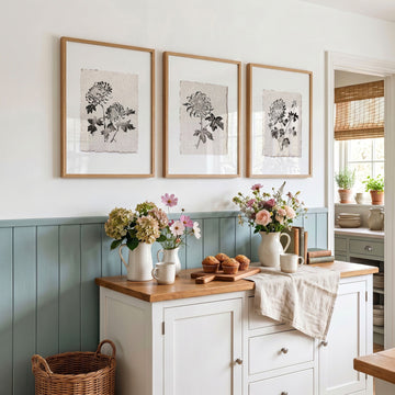 wall art for Kitchen French Country Botanical Chrysanthemum Black & Beige Wall Art displayed on a wall in a styled room — view 2