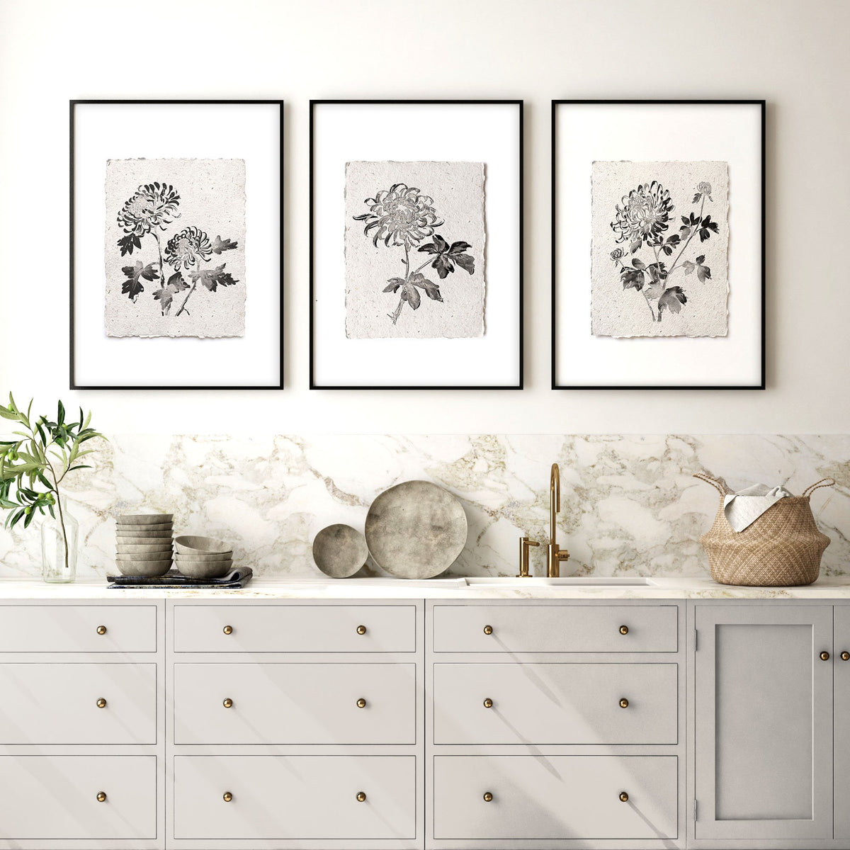 wall art for Kitchen French Country Botanical Chrysanthemum Black & Beige Wall Art displayed on a wall in a styled room — view 5