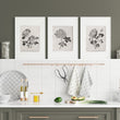 wall art for Kitchen French Country Botanical Chrysanthemum Black & Beige Wall Art displayed on a wall in a styled room — view 6