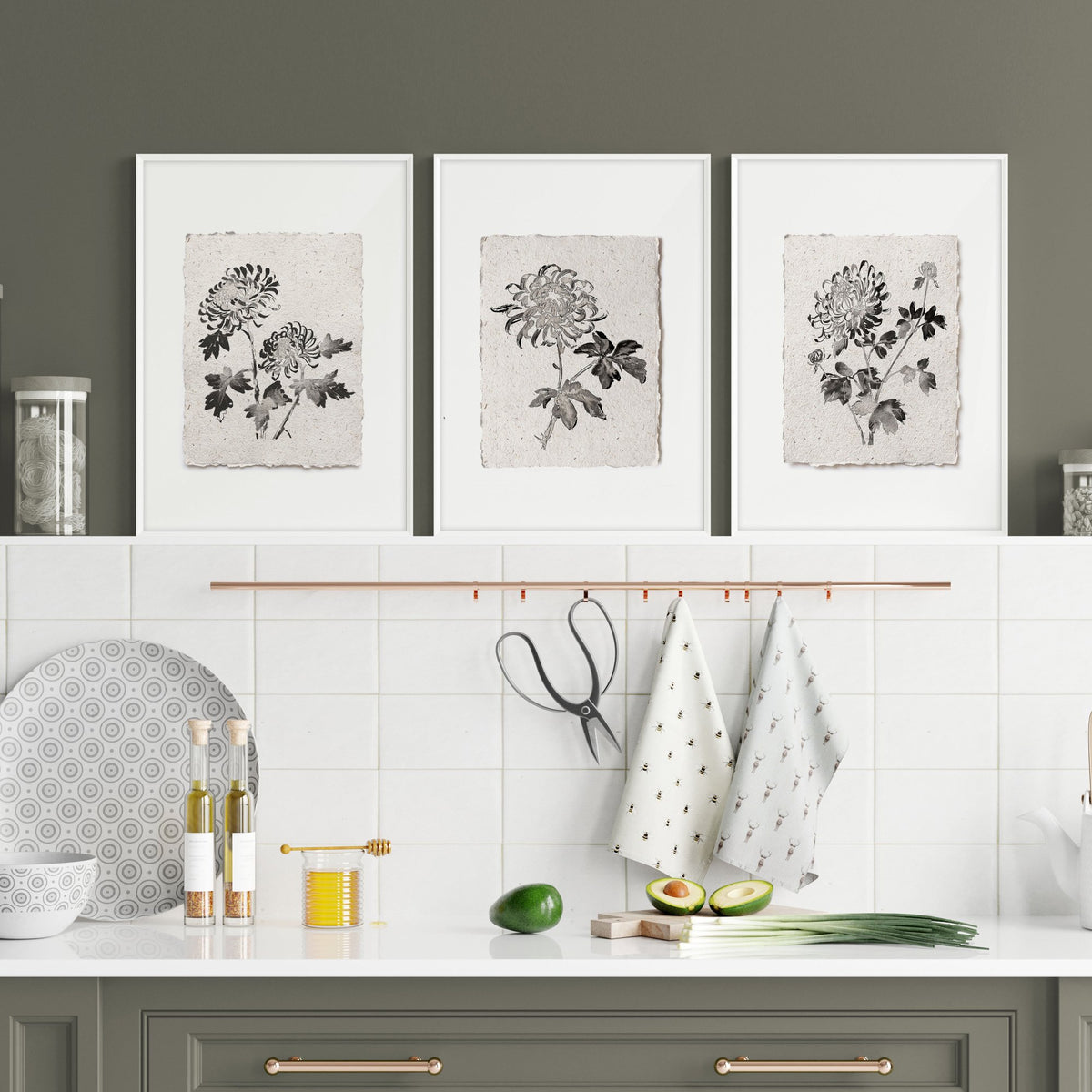 wall art for Kitchen French Country Botanical Chrysanthemum Black & Beige Wall Art displayed on a wall in a styled room — view 6