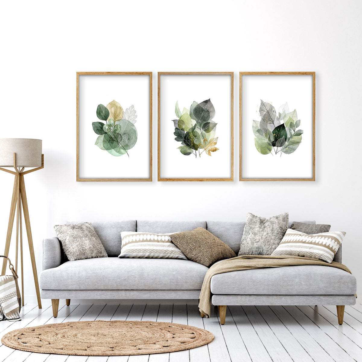 wall art for Living Room Botanical Green & Gold-Tone Watercolour Leaves displayed on a wall in a styled room — view 11