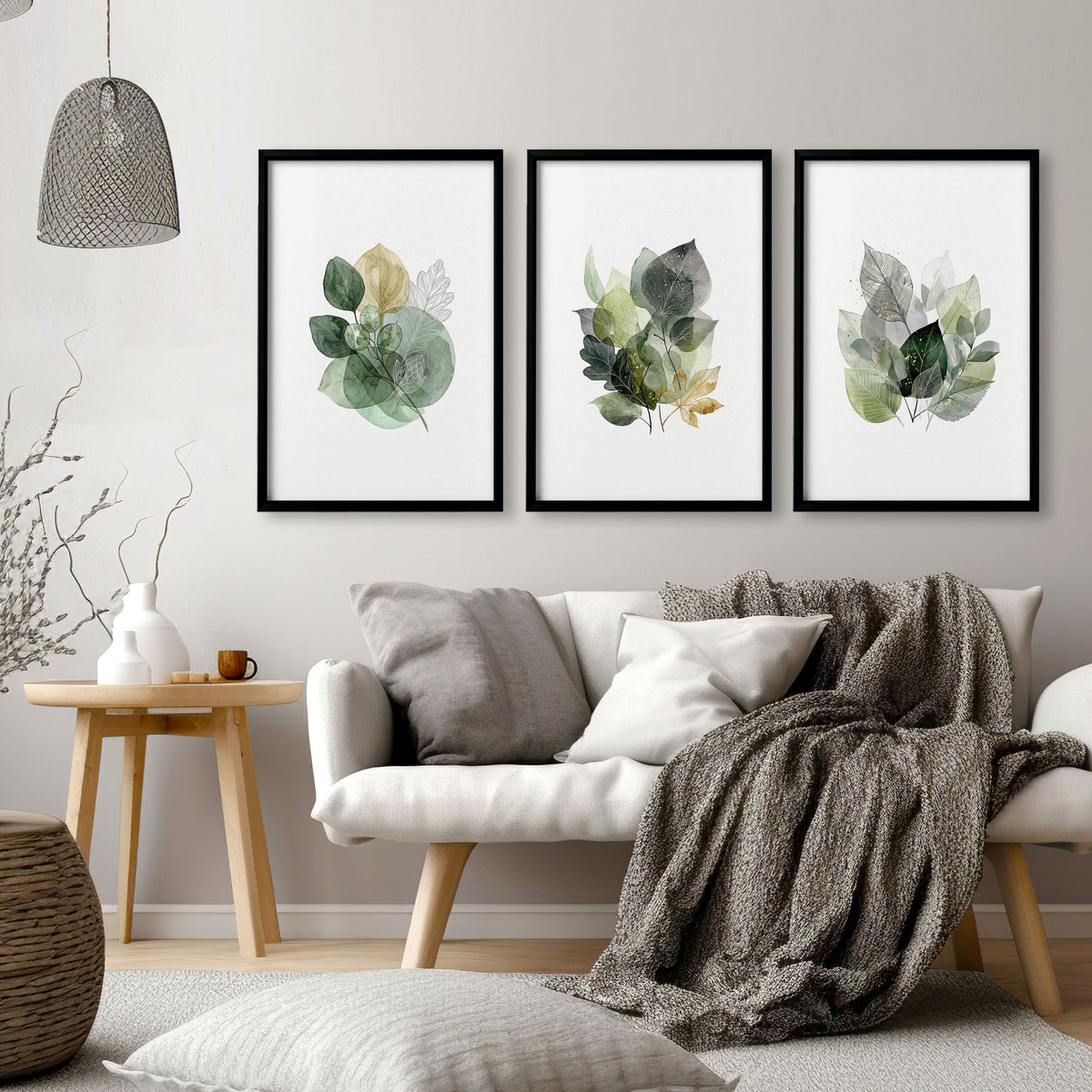 wall art for Living Room Botanical Green & Gold-Tone Watercolour Leaves displayed on a wall in a styled room — view 13