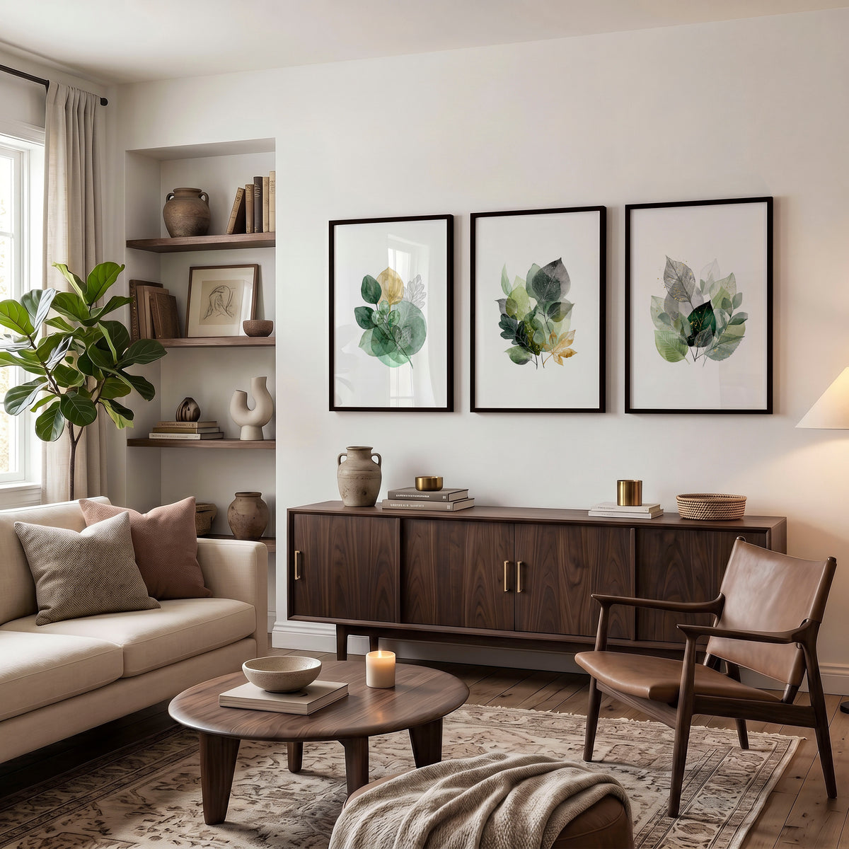 wall art for Living Room Botanical Green & Gold-Tone Watercolour Leaves displayed on a wall in a styled room — view 3