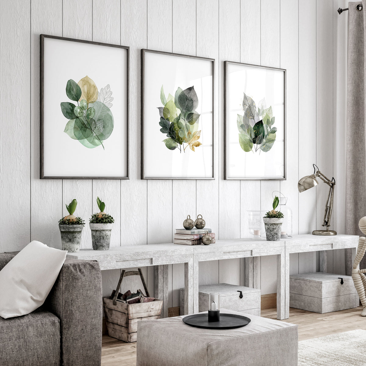 wall art for Living Room Botanical Green & Gold-Tone Watercolour Leaves displayed on a wall in a styled room — view 5