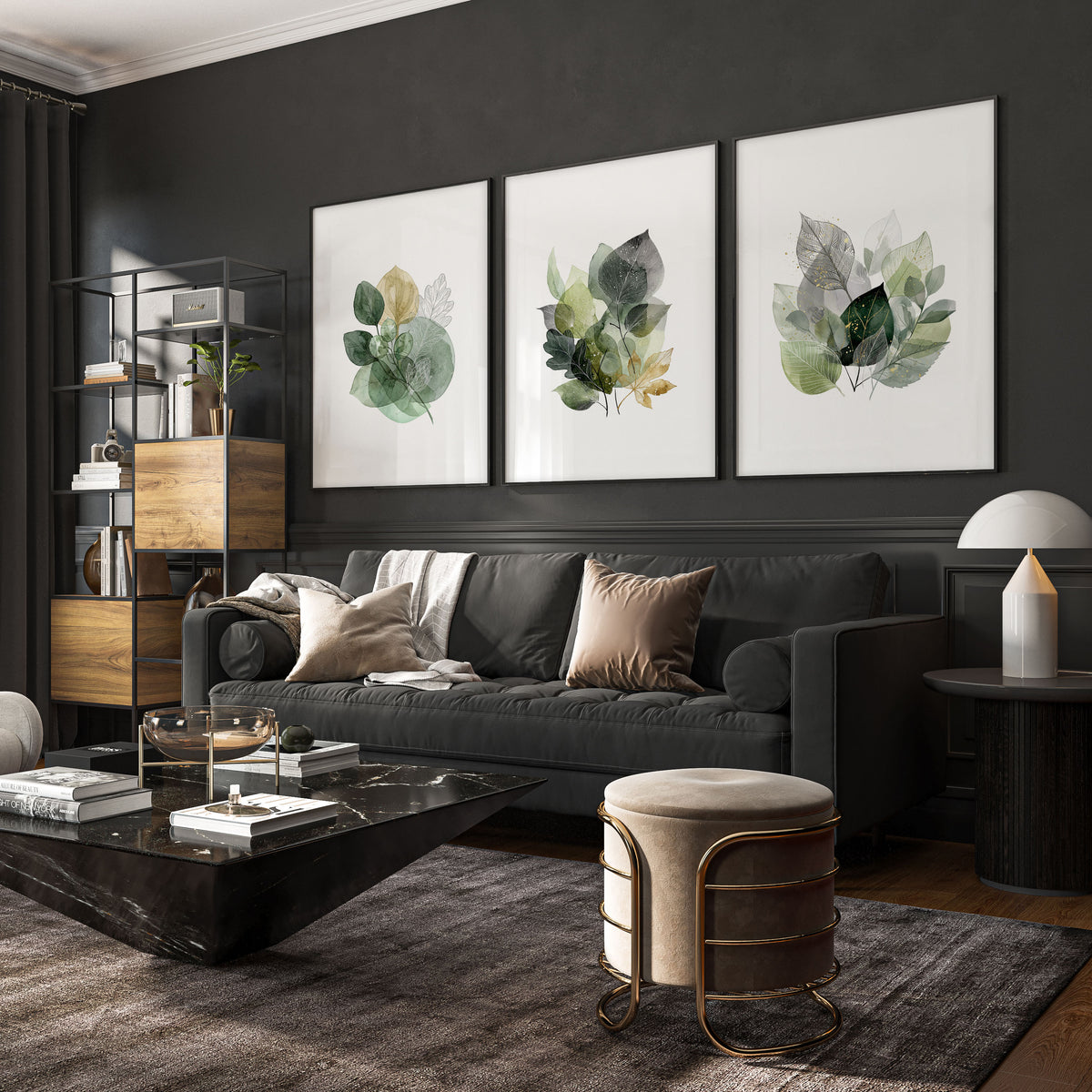 wall art for Living Room Botanical Green & Gold-Tone Watercolour Leaves displayed on a wall in a styled room — view 7