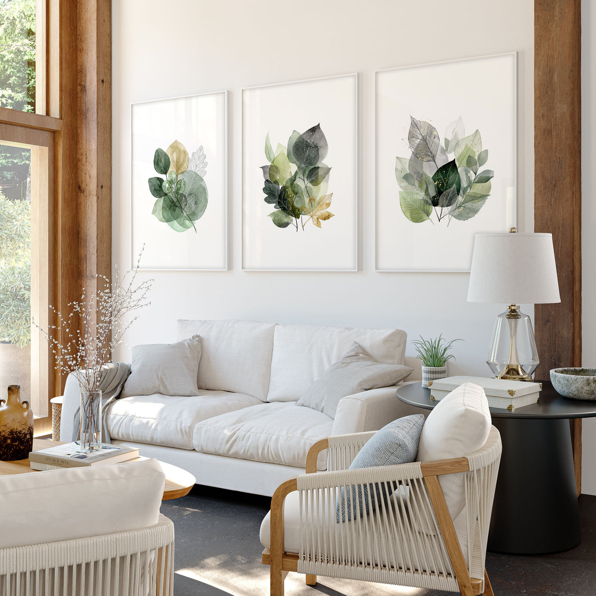 wall art for Living Room Botanical Green & Gold-Tone Watercolour Leaves displayed on a wall in a styled room — view 8