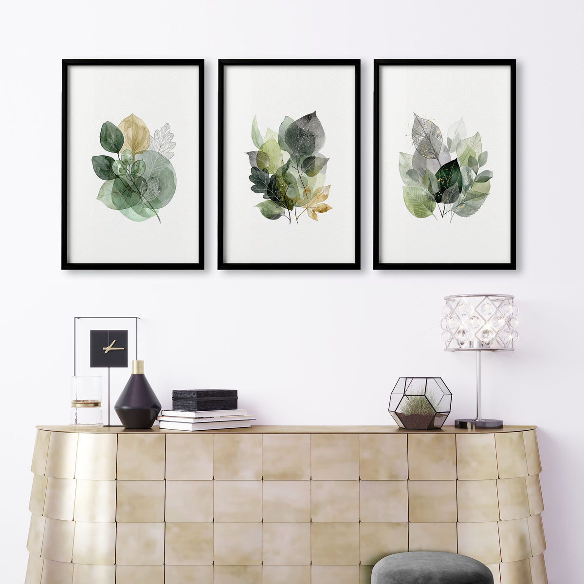 wall art for Living Room Botanical Green & Gold-Tone Watercolour Leaves displayed on a wall in a styled room — view 9