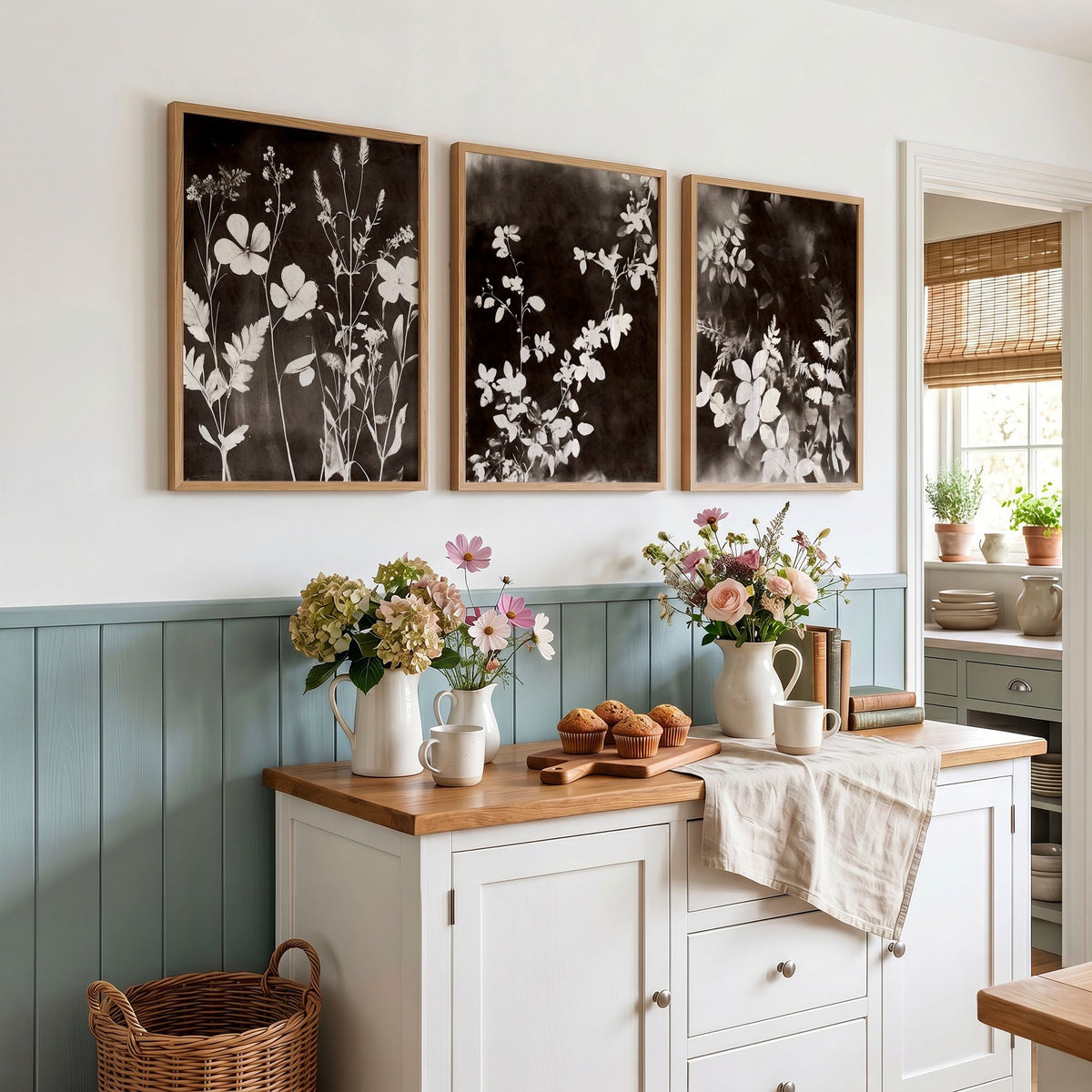 wall art for the Kitchen French Country Dark Botanical Wildflowers & Leaves Mink Tones displayed on a wall in a styled room — view 2