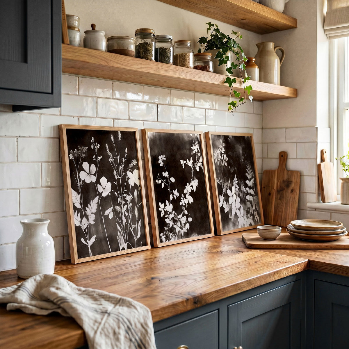wall art for the Kitchen French Country Dark Botanical Wildflowers & Leaves Mink Tones displayed on a wall in a styled room — view 3