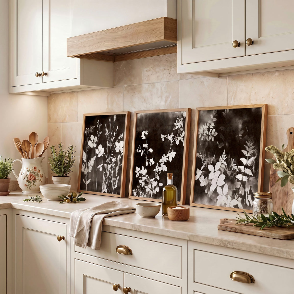wall art for the Kitchen French Country Dark Botanical Wildflowers & Leaves Mink Tones displayed on a wall in a styled room — view 4