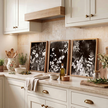 wall art for the Kitchen French Country Dark Botanical Wildflowers & Leaves Mink Tones displayed on a wall in a styled room — view 4