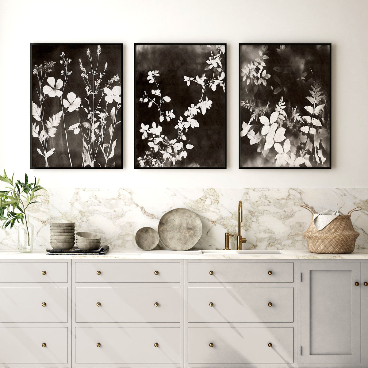wall art for the Kitchen French Country Dark Botanical Wildflowers & Leaves Mink Tones displayed on a wall in a styled room — view 5