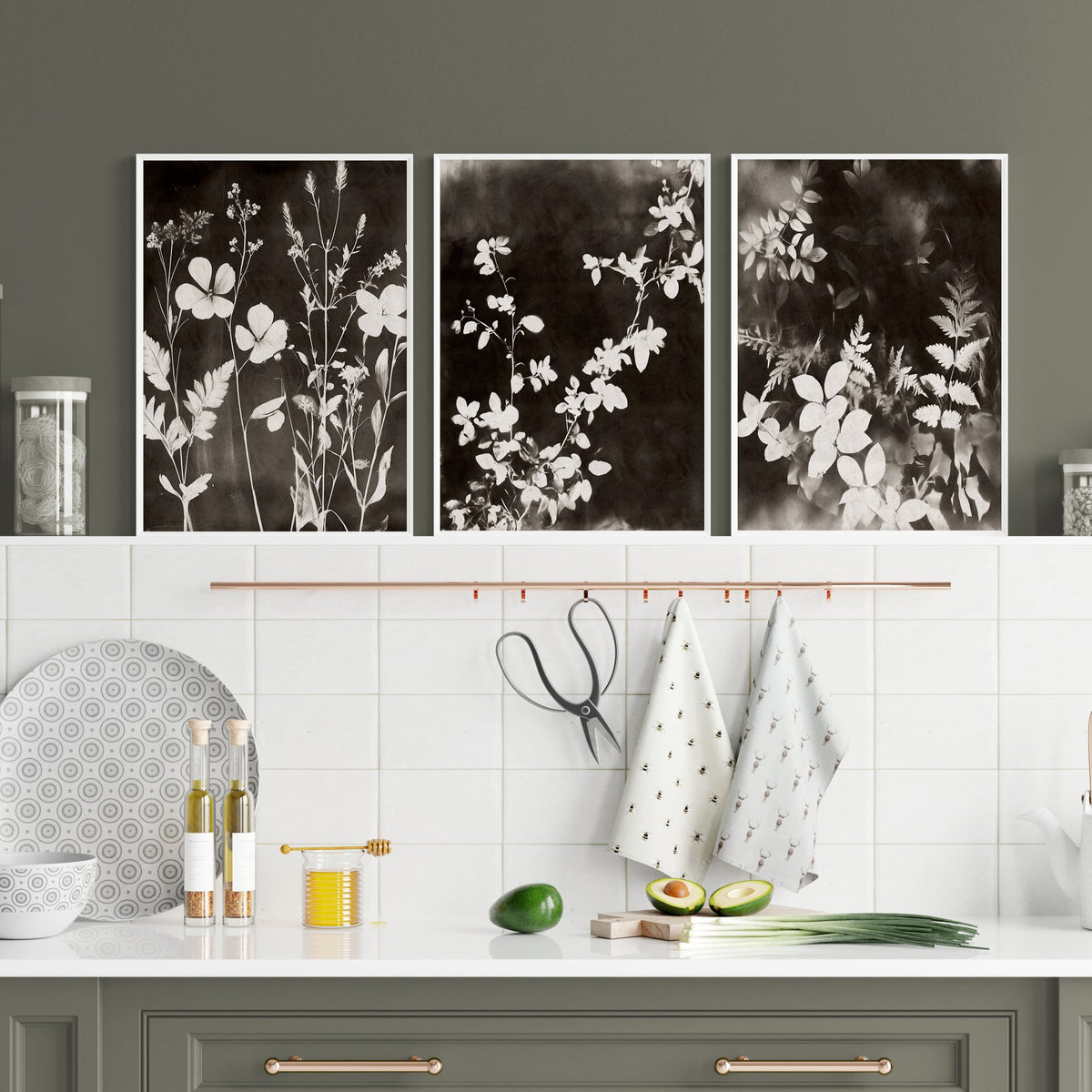 wall art for the Kitchen French Country Dark Botanical Wildflowers & Leaves Mink Tones displayed on a wall in a styled room — view 6
