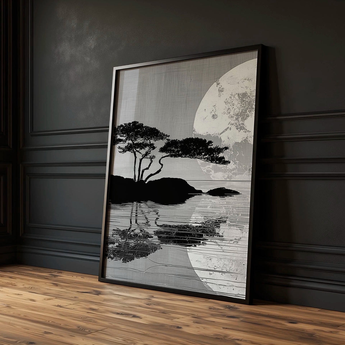 Prints Japanese Art Black Grey Moon & Pine Silhouette Japandi | Set of 3