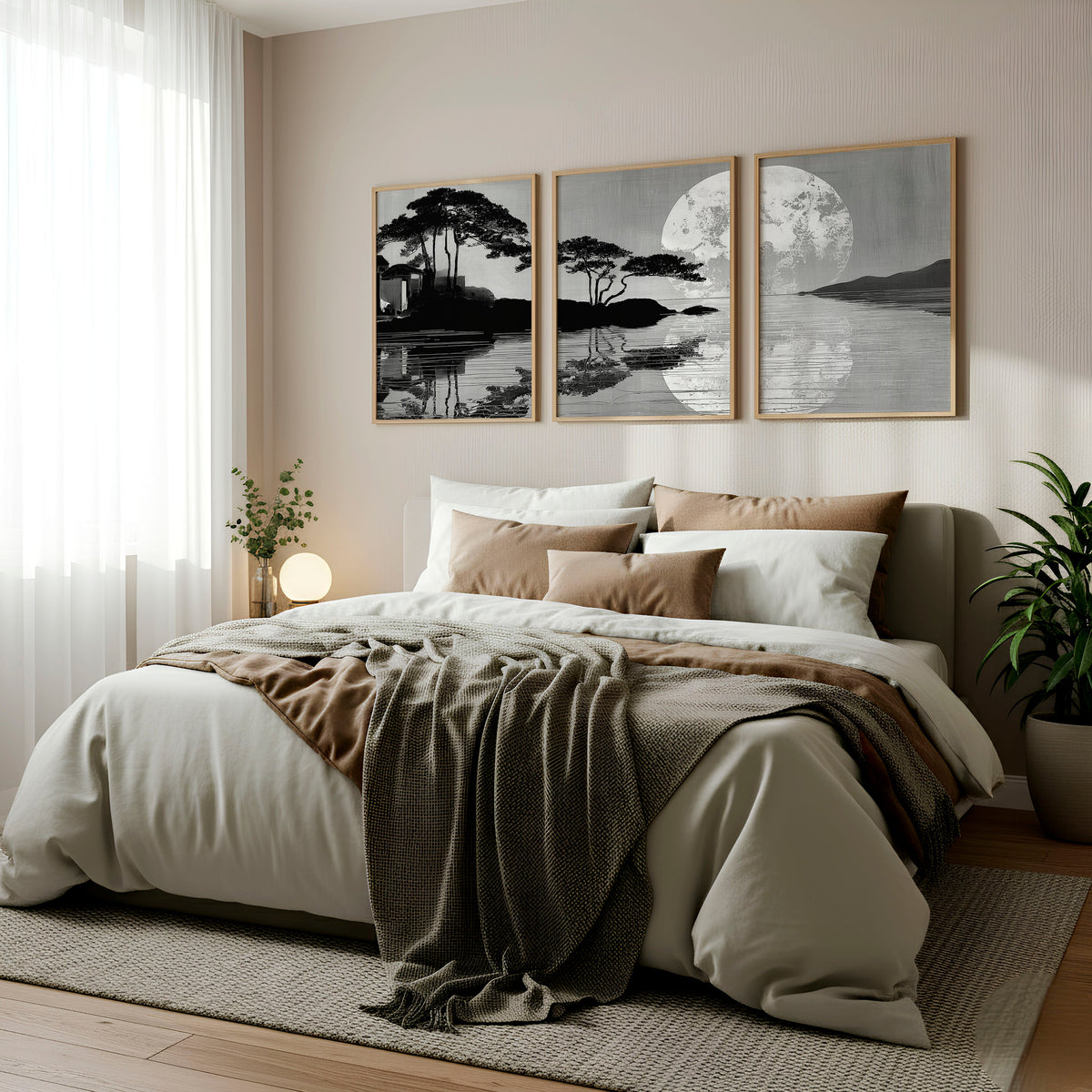 Prints Japanese Art Black Grey Moon & Pine Silhouette Japandi | Set of 3