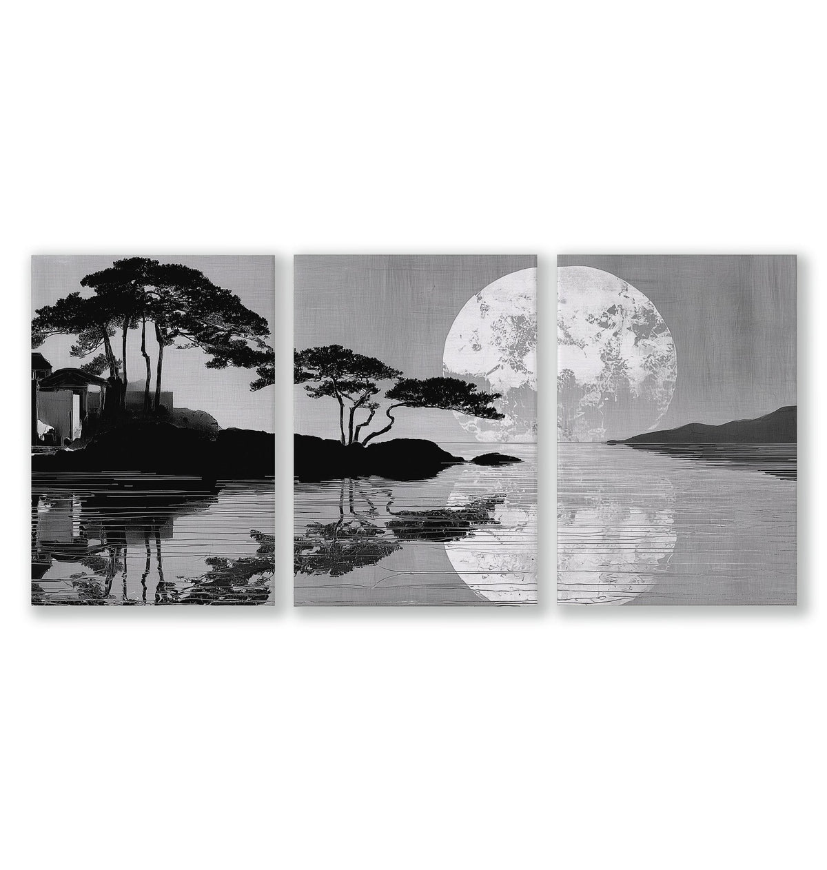 Prints Japanese Art Black Grey Moon & Pine Silhouette Japandi | Set of 3