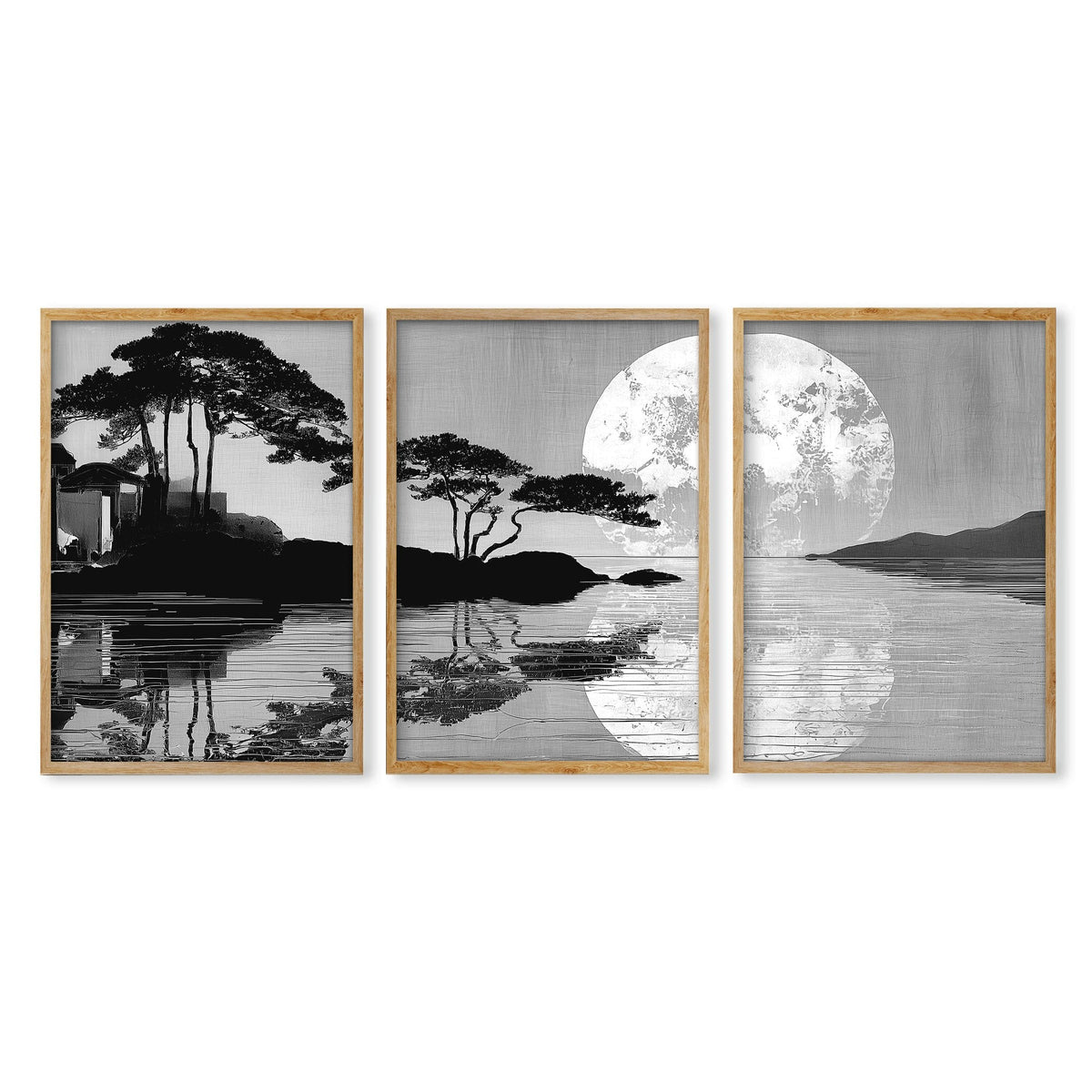 Prints Japanese Art Black Grey Moon & Pine Silhouette Japandi | Set of 3
