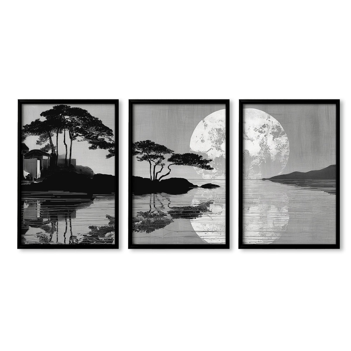 Prints Japanese Art Black Grey Moon & Pine Silhouette Japandi | Set of 3
