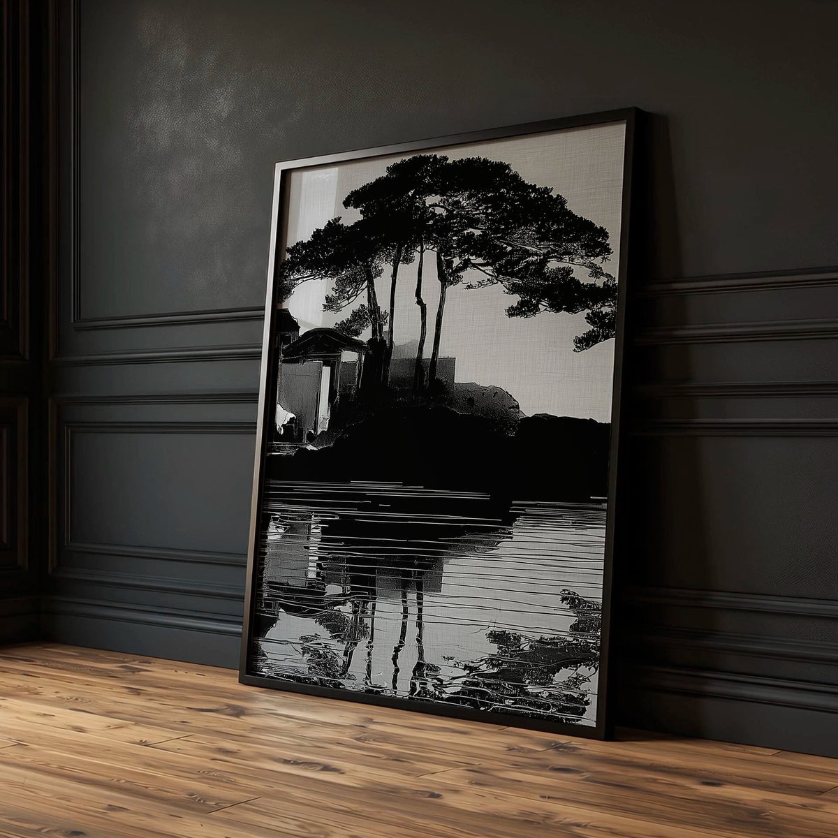 Prints Japanese Art Black Grey Moon & Pine Silhouette Japandi | Set of 3