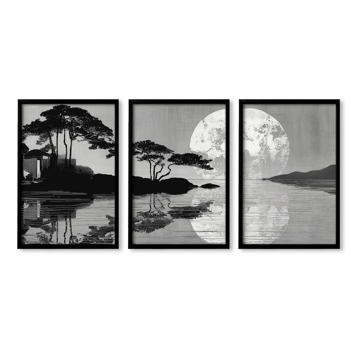wall art Japanese Art Black Grey Moon & Pine Silhouette Japandi in a black frame